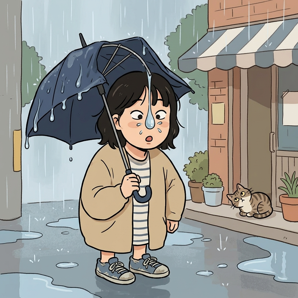 부러진 우산 사이로 빗물이 코끝에 똑 떨어졌다.
