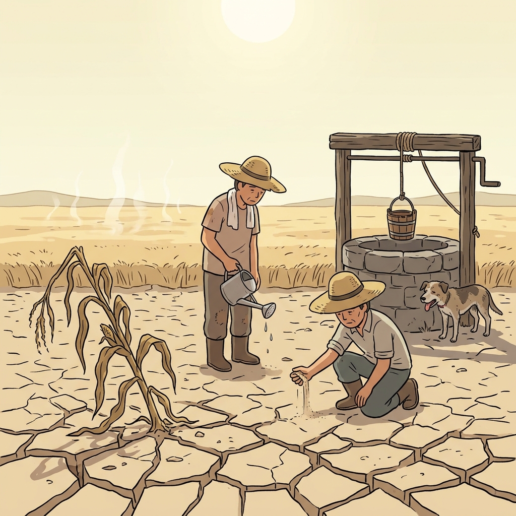 Farmers stare helplessly at their cracked field during the worst drought in decades.