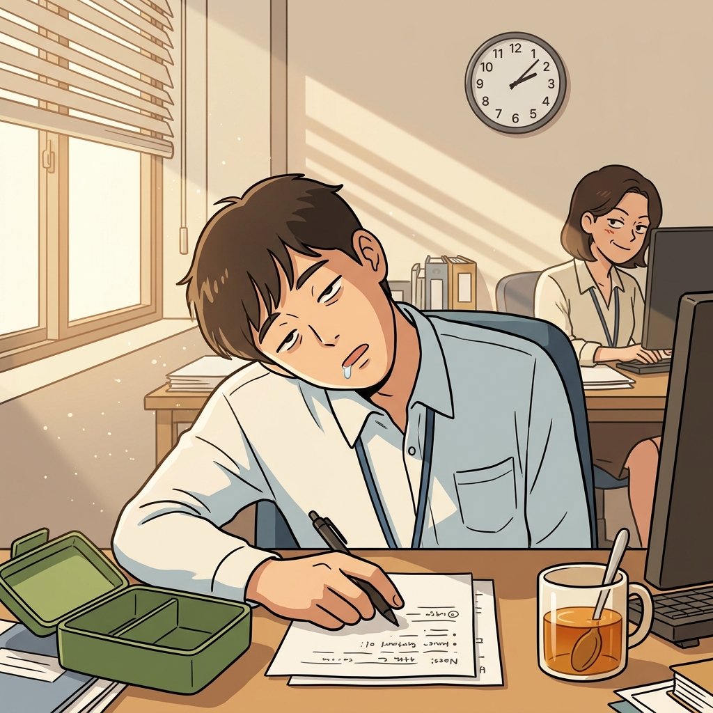 After lunch, he grew drowsy at his desk and could barely keep his eyes open.