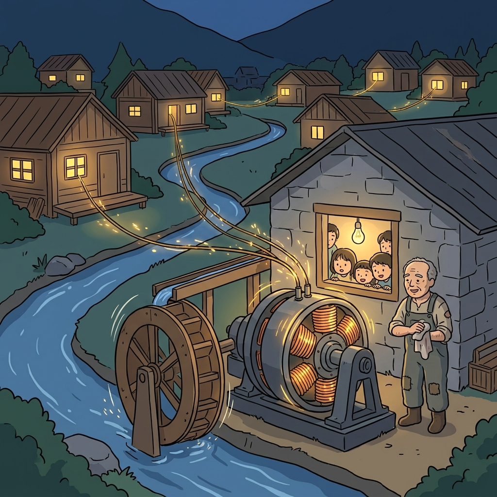 The old dynamo hums as it powers the entire village overnight.