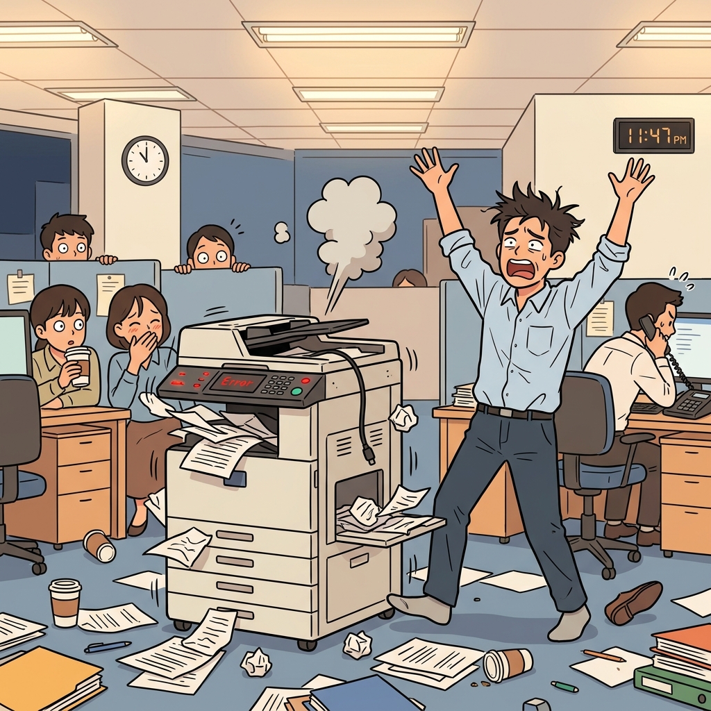 The dysfunctional printer jams, beeps, and spits paper everywhere during the deadline.