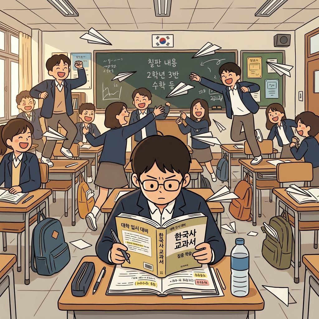 While the class threw paper airplanes, the boy leaned forward with an earnest face to read the book.