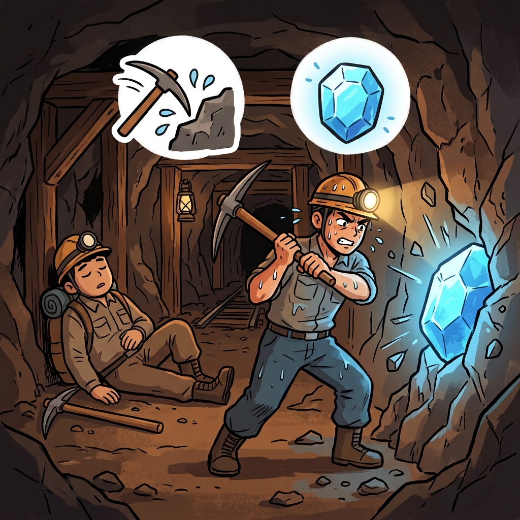 EARN(get) + EST(most) — to EARN the biggEST gem, he swung his pickaxe with an earnest attitude.