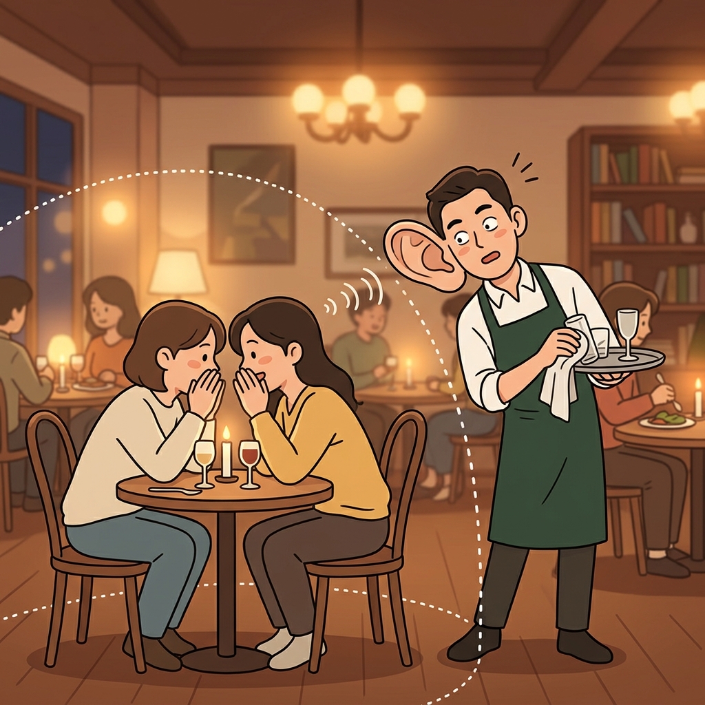 속삭인 비밀이 웨이터 귀에 딱 들리는 거리까지 닿았다.