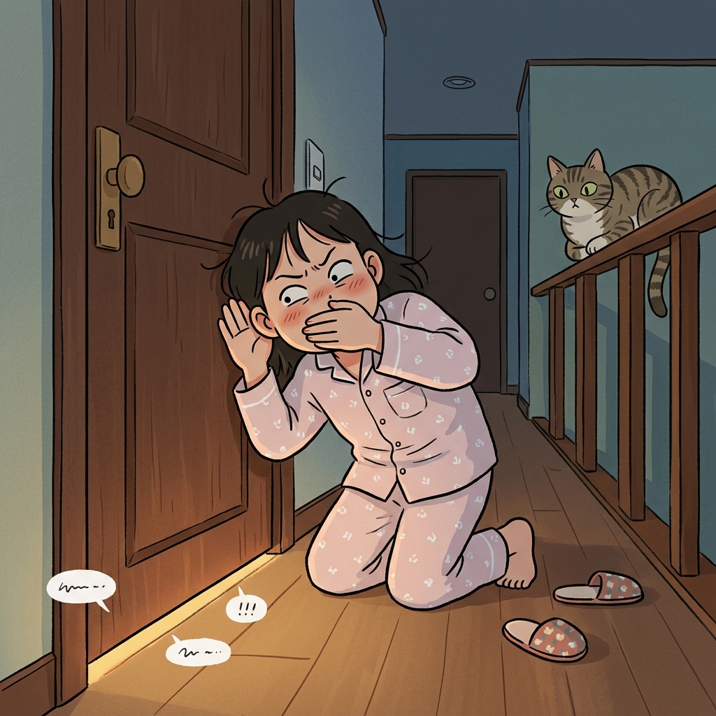 She tried to eavesdrop on her parents' whispered argument through the wall.