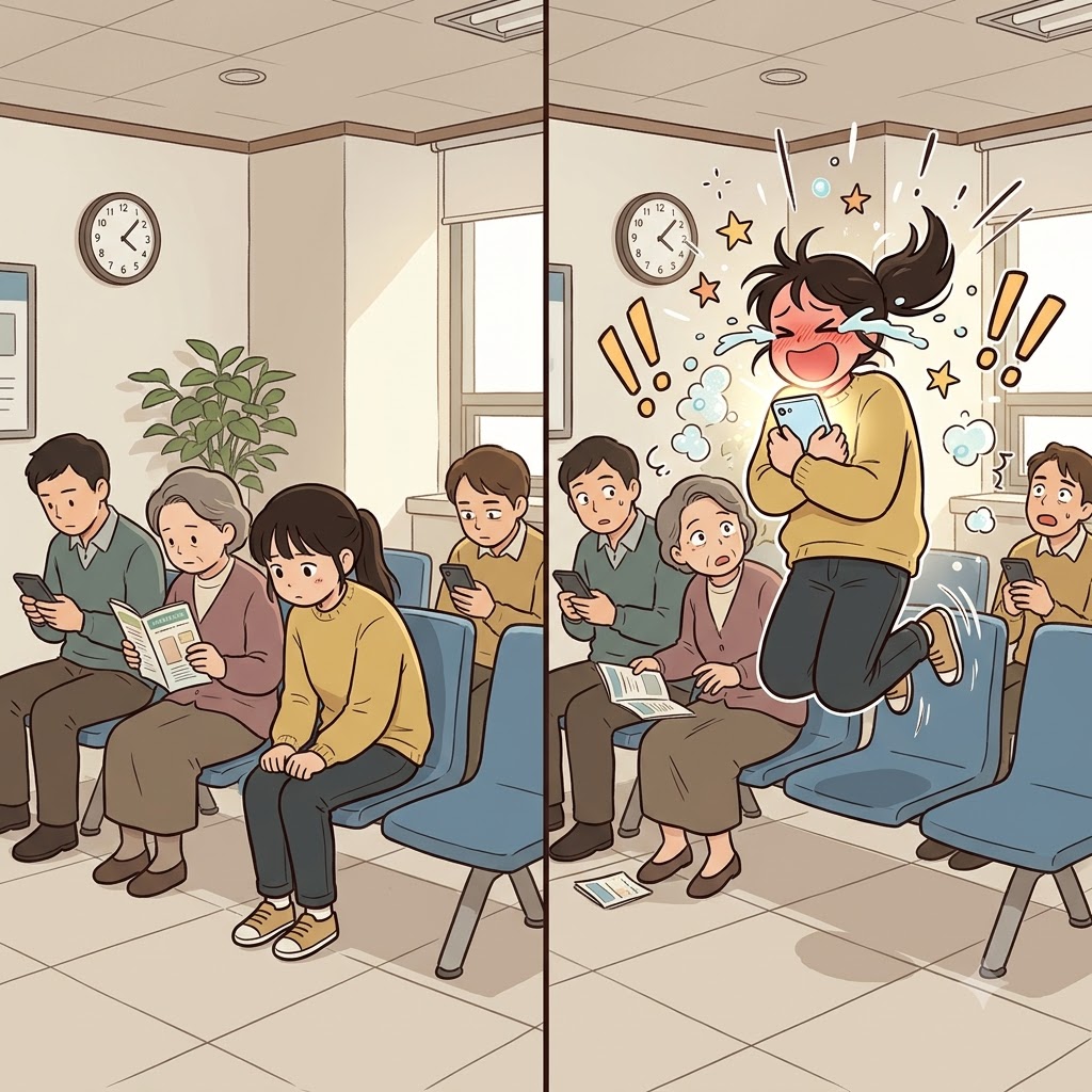 While the rest of the waiting room was dead silent, the girl jumped up and hugged her phone in pure ebullience.