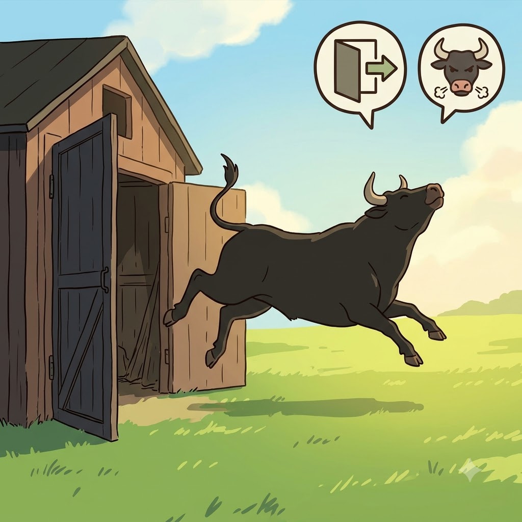 E(out) + BULL(bull) + IENCE(state) — running OUT(E) into the open field, the wild BULL jumped in a pure state of ebullience.