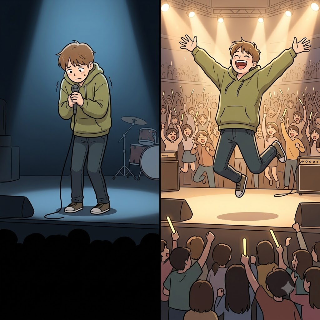 Hearing the massive cheers from the hidden audience, the shy singer suddenly exploded with jumping ebullience.