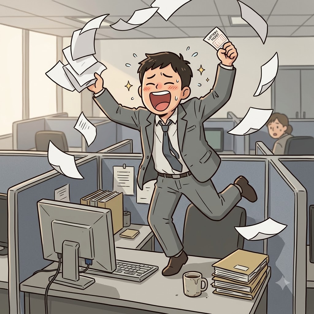 "입을 쩍 열었어!" 복권에 당첨된 직장인은 기쁨에 소리치며 환희에 넘쳐(ebullient) 보였다.