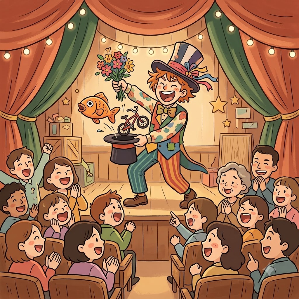 마술사가 너무 별난(eccentric) 마술을 보여 주자 사람들은 "엑! 센 트릭!"이라며 웃음을 터뜨렸다. (eccentric → "엑! 센 트릭!" → "엑! 정말 이상한(trick)데?")