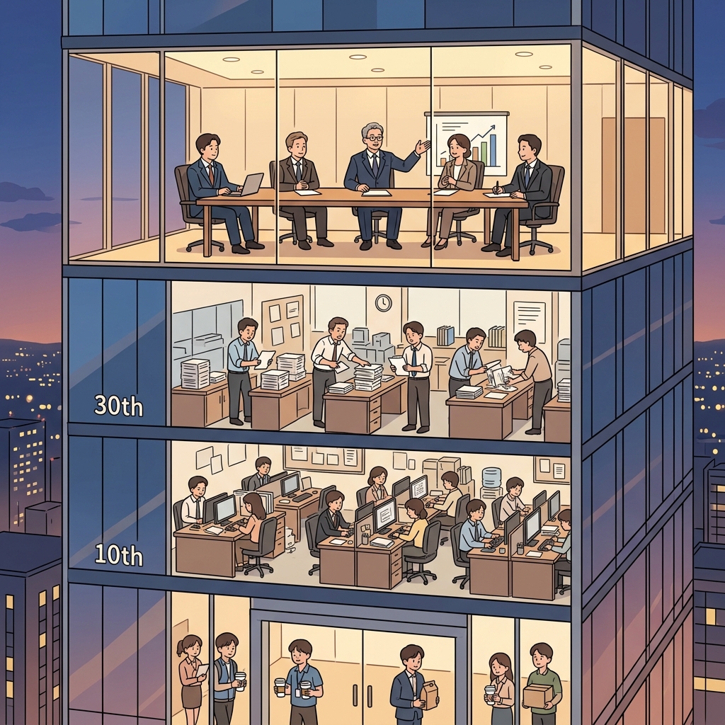 The top echelon of the company gathers in the penthouse boardroom.