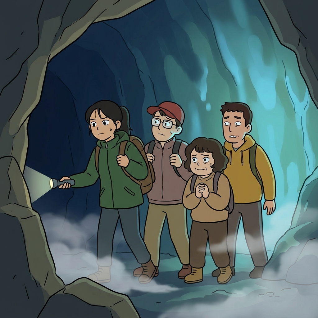 "Did you hear it?" one explorer whispered, even though nothing dangerous appeared in the eerie cave. ("Hear it?" → You think you hear something, but nothing is there. That's eerie.)