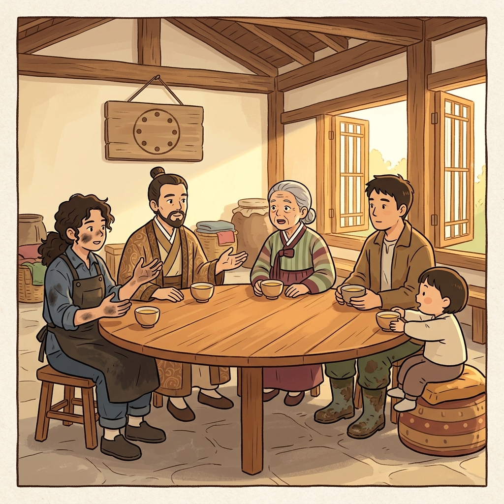 The egalitarian council seats every villager at the same round table.