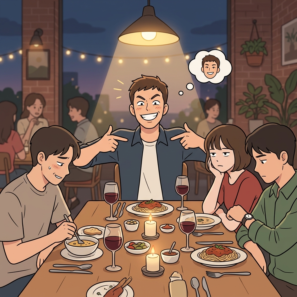 He's so egocentric he can't stop talking about himself at dinner.