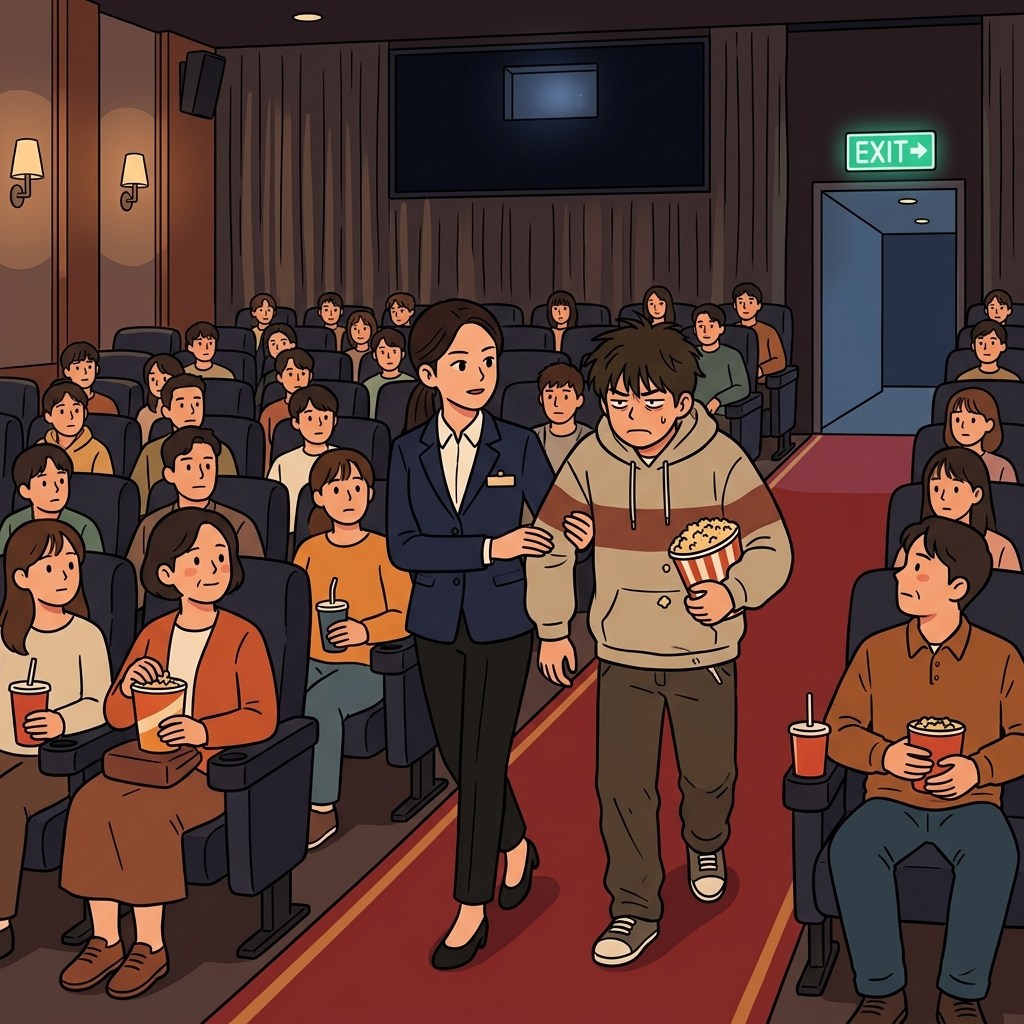 극장 관리자는 영화가 시작되기 전에 시끄러운 손님을 내보냈다. (극장 직원이 "이제 꺼!" 하며 소란을 피우는 손님을 내보낸다)