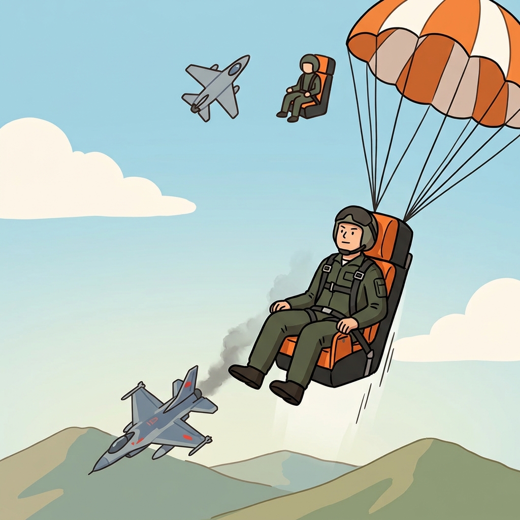 The pilot ejected safely before the damaged jet crashed. (✈️ Jet + 💺 Ejection Seat → Eject)