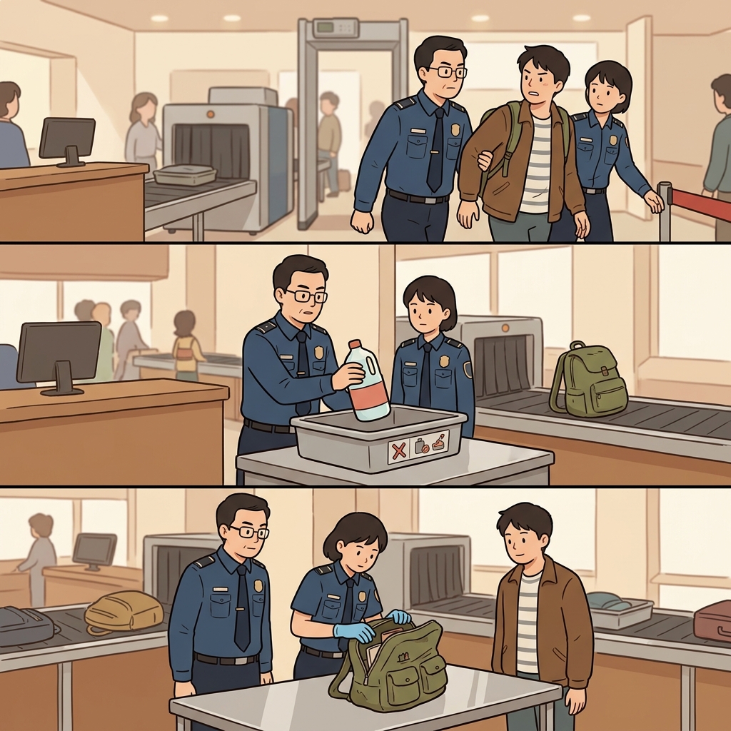 Airport security ejected the passenger, rejected the prohibited item, and inspected the luggage.