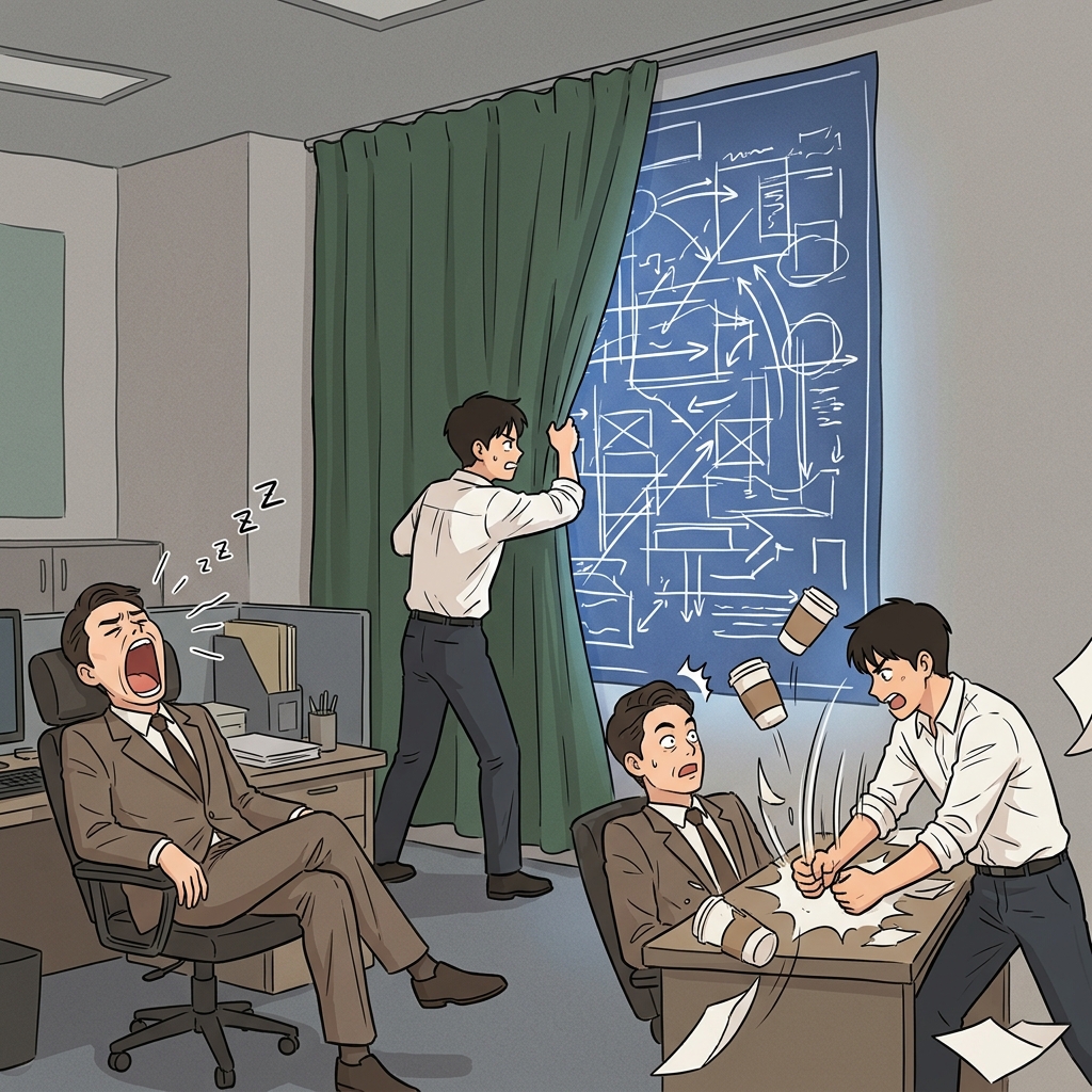사장님이 게으르게 하품하는(yawn) 것을 보자, 절박한 직원은 자신이 그린(drawn) 거대한 다이아그램을 펼치고 테이블을 거칠게 쾅 내리치며 자신의 위대한 아이디어에 대해 상세히 설명했다(elaborate on).