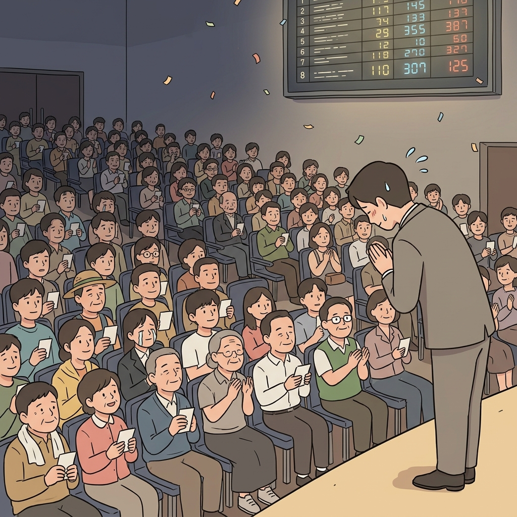 The candidate bows deeply to the electorate on election night.