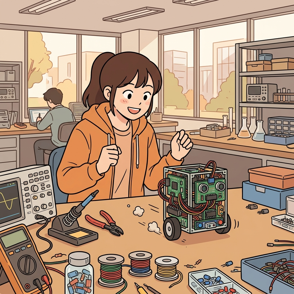 그녀는 더 똑똑한 로봇을 설계하기 위해 전자공학(electronics)을 공부했다.