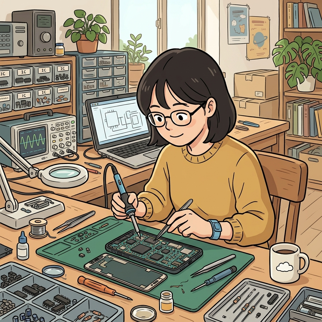 엔지니어는 작은 회로를 고치며 전자기기(electronics)를 수리했다. ("일렉트로닉스" → 전기(electric)를 이용하는 전자기기와 전자공학을 떠올린다)
