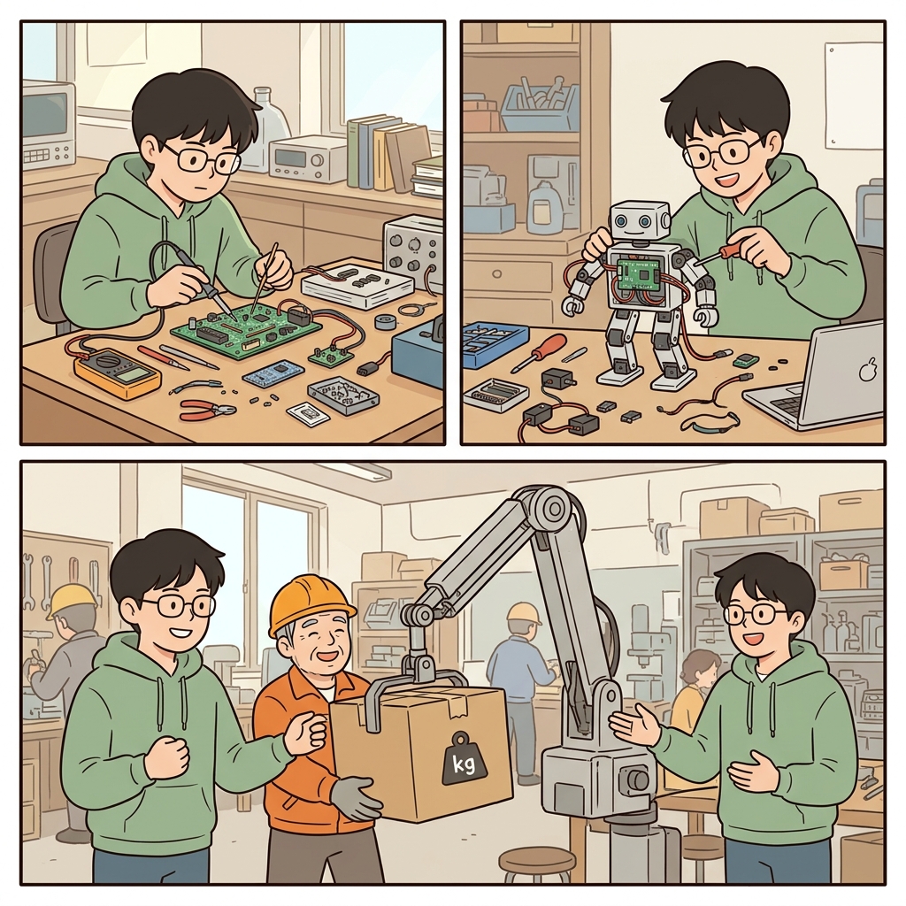 전자공학(electronics)에 대한 그의 관심은 로봇공학(robotics)으로 이어져 유용한 기계를 발명하게 만들었다.