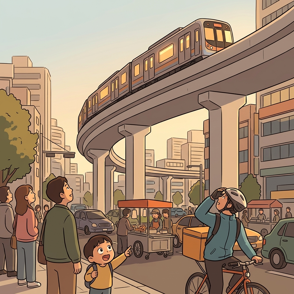 The train runs on an elevated track high above the busy city streets.