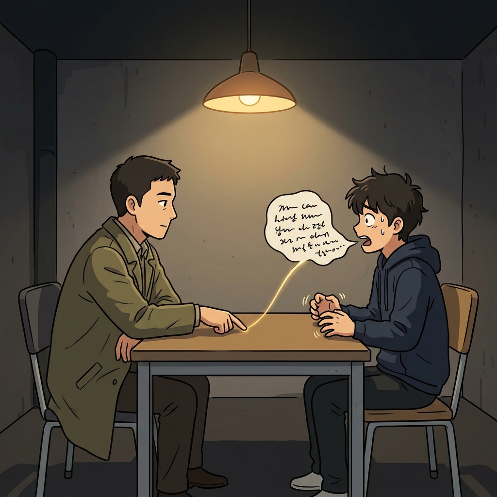 The detective's clever question elicits a sudden confession from the suspect.