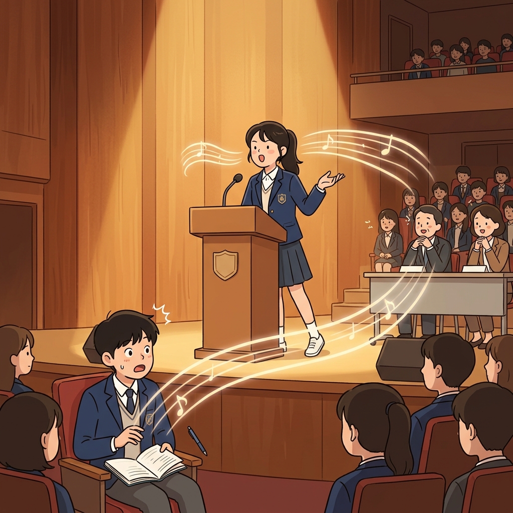 The debate champion won gold thanks to her flawless elocution and clear delivery.