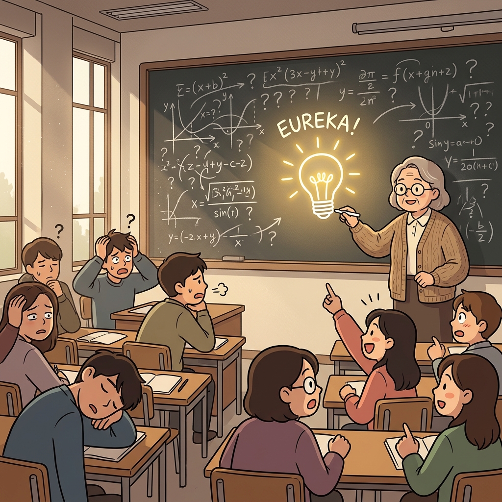 The professor uses a simple diagram to elucidate the complex theory for confused students.