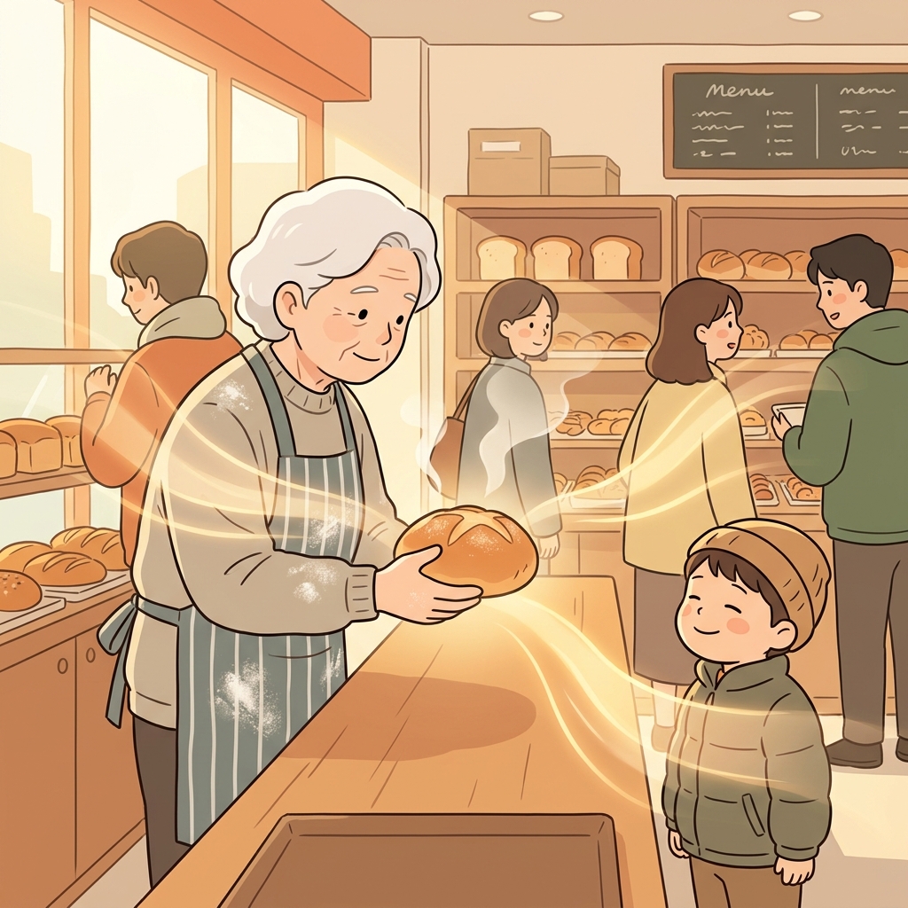Warmth seemed to emanate from the old baker as she handed out fresh bread.
