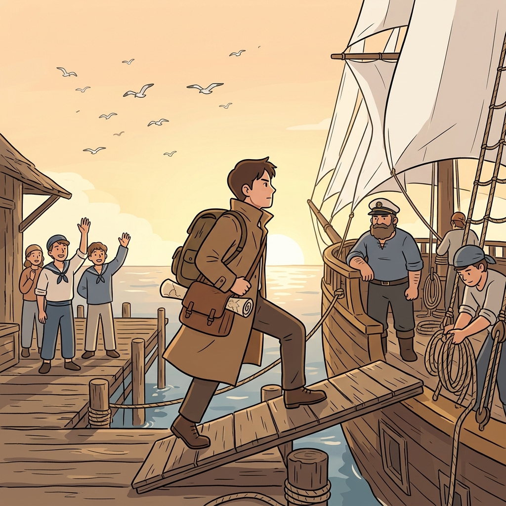 They embark on a bold voyage across uncharted seas at dawn.
