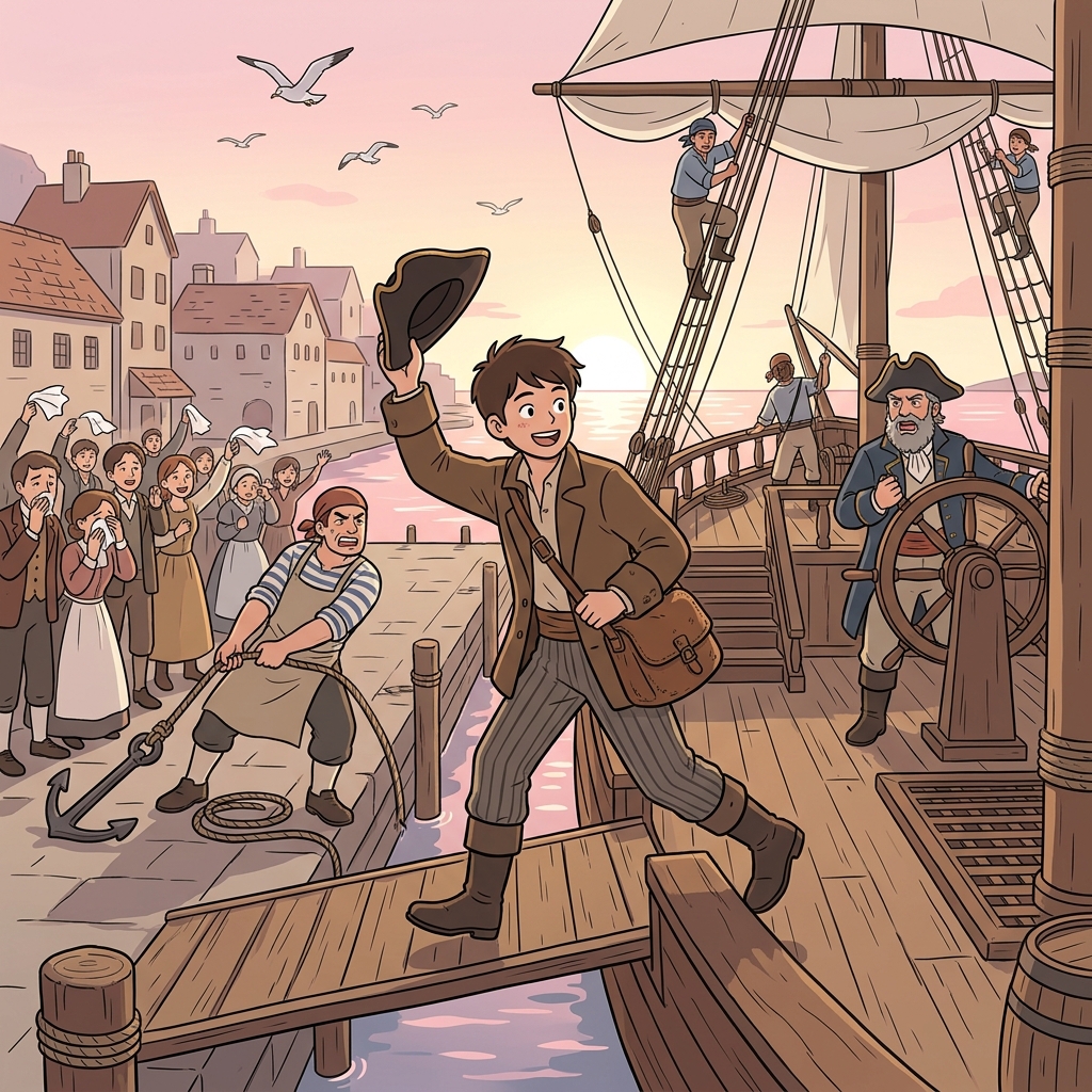 They embark on a long sea voyage as the harbor fades behind them.