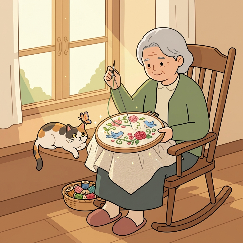 Grandma's embroidery turns a plain cushion into a garden of roses.