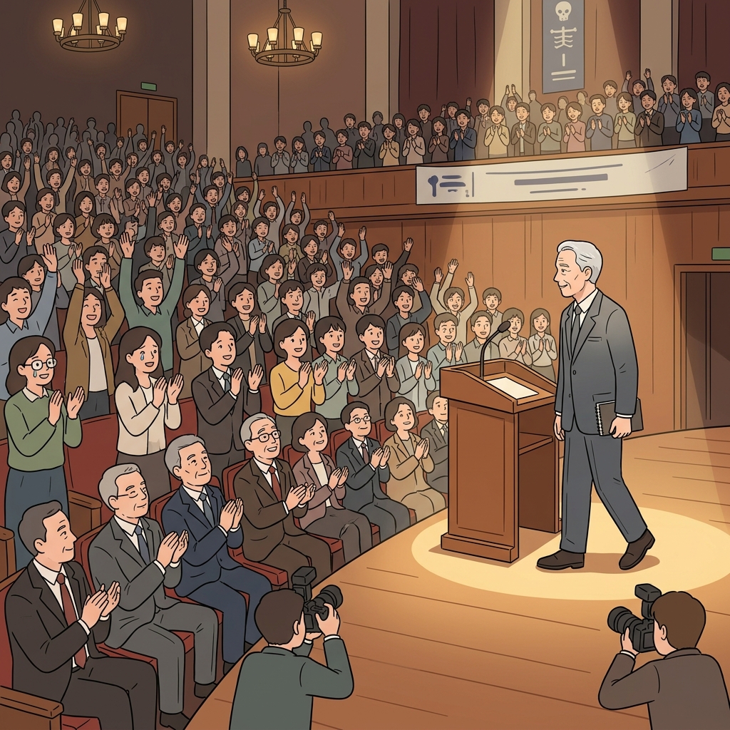 The eminent scientist steps onstage as the entire hall rises in applause.