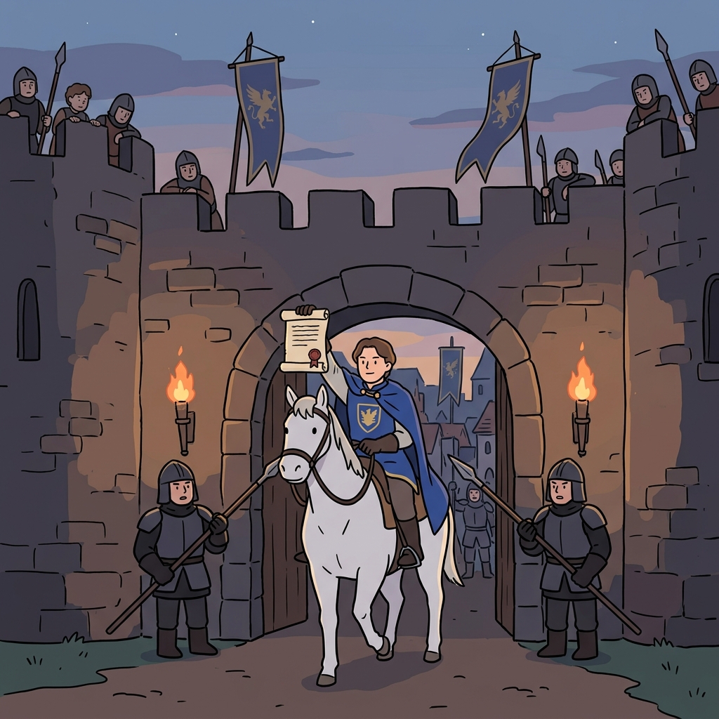 The king's emissary rides through enemy gates carrying a sealed peace letter.