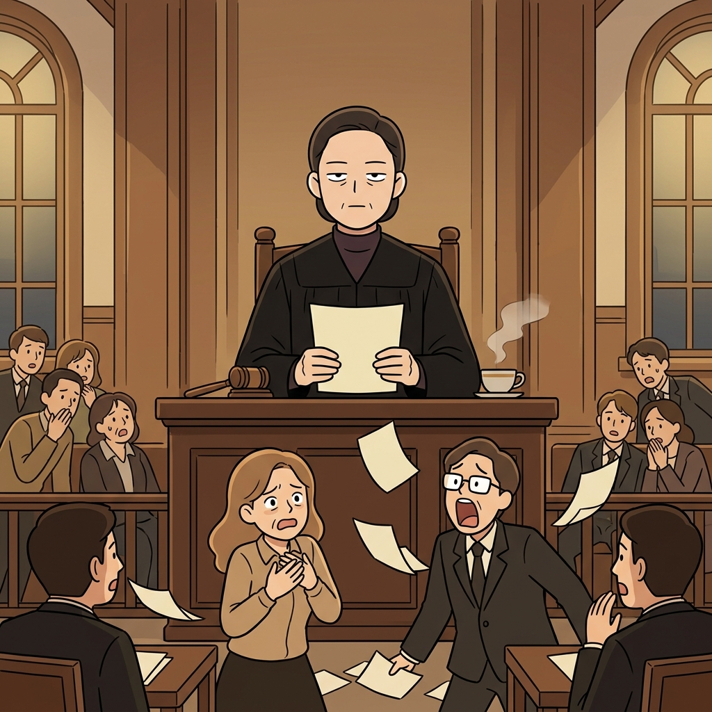 판사는 충격적인 판결을 읽는 동안 아무런 감정도 드러내지 않았다.