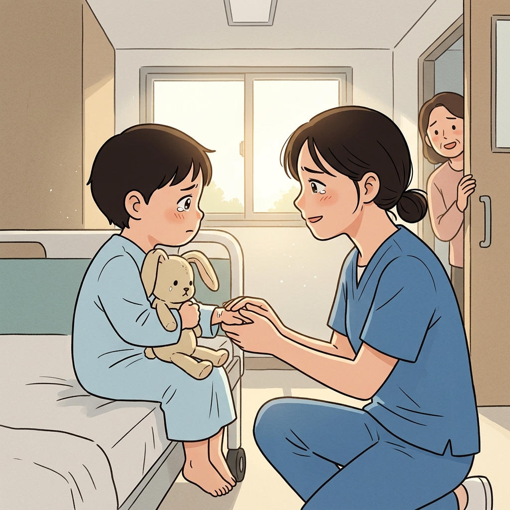 간호사가 수술 전 겁먹은 아이의 손을 꼭 잡아준다.