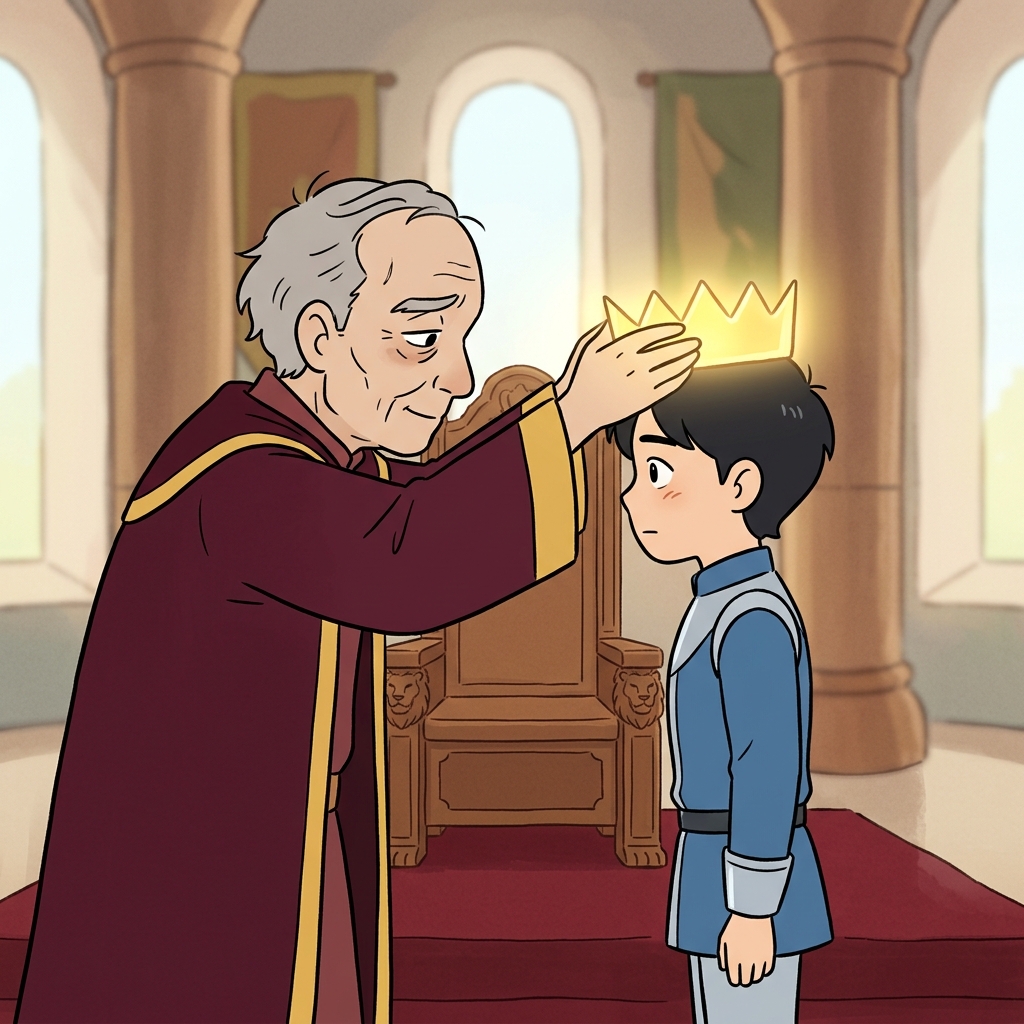 The old king handed over his crown to empower the young prince.
