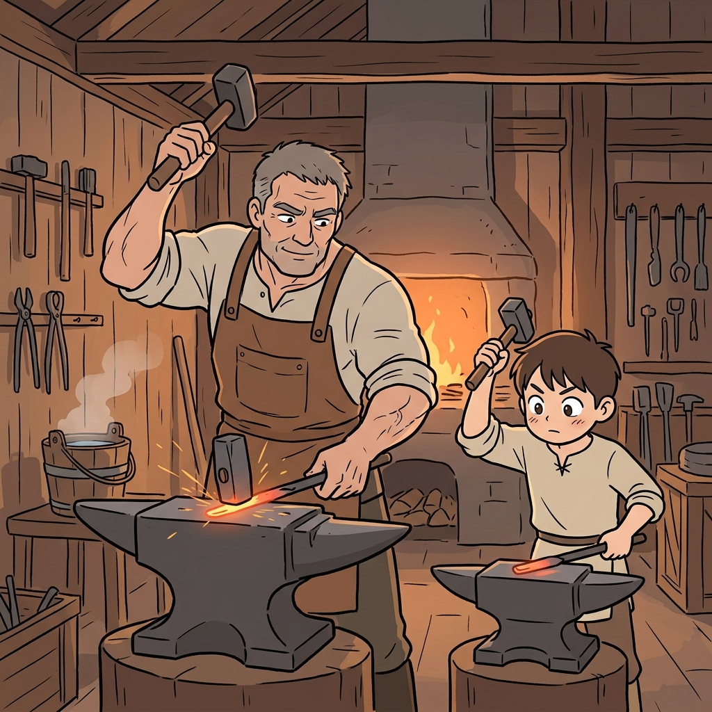 The young apprentice tries to emulate the master blacksmith's every hammer swing.