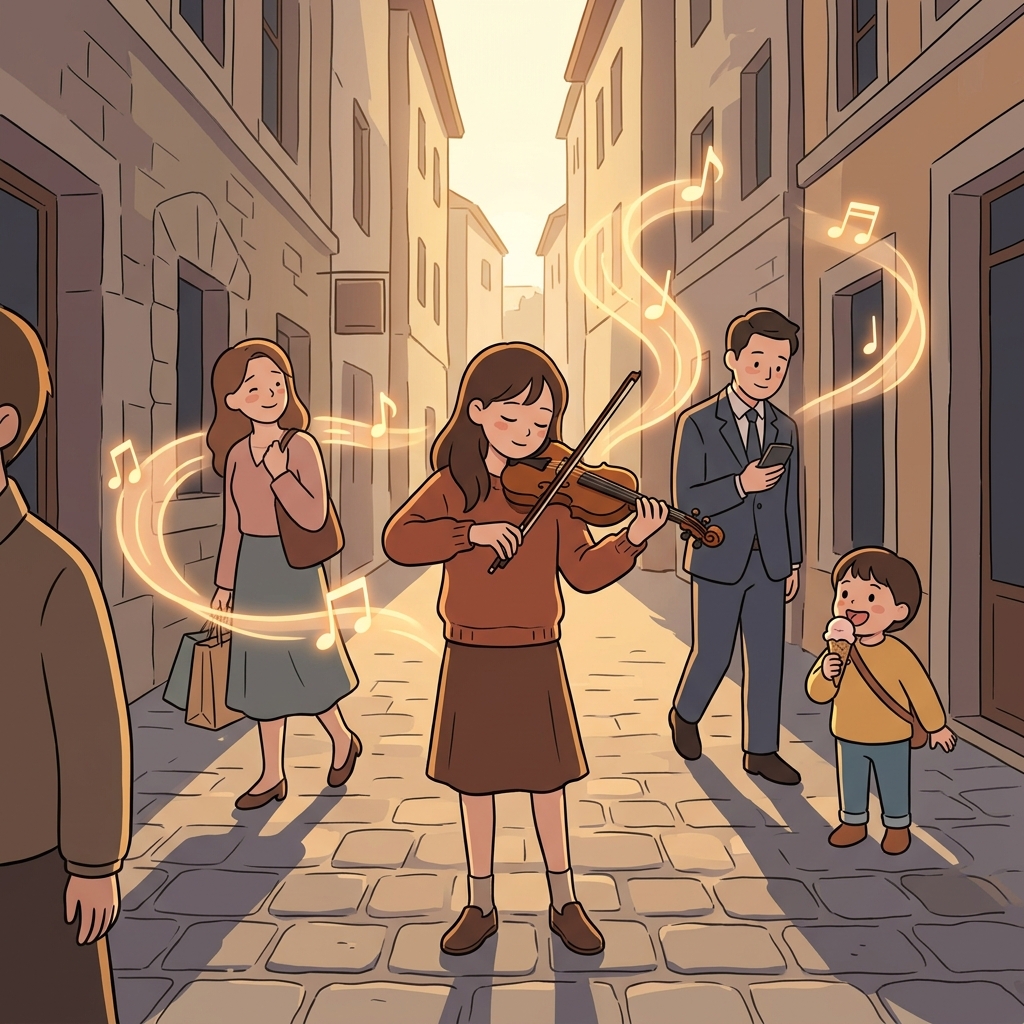 The enchanting melody from the street violinist stopped everyone in their tracks.