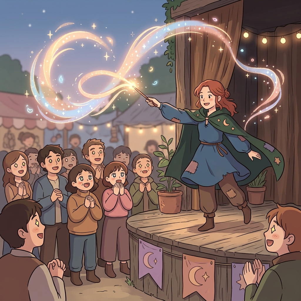 사람들은 "앤! 찬트!" 하고 감탄할 만큼 마법사의 공연은 매우 매혹적이었다(enchanting). ("앤 찬팅" → 앤(Anne)의 마법 공연은 정말 매혹적이다!)