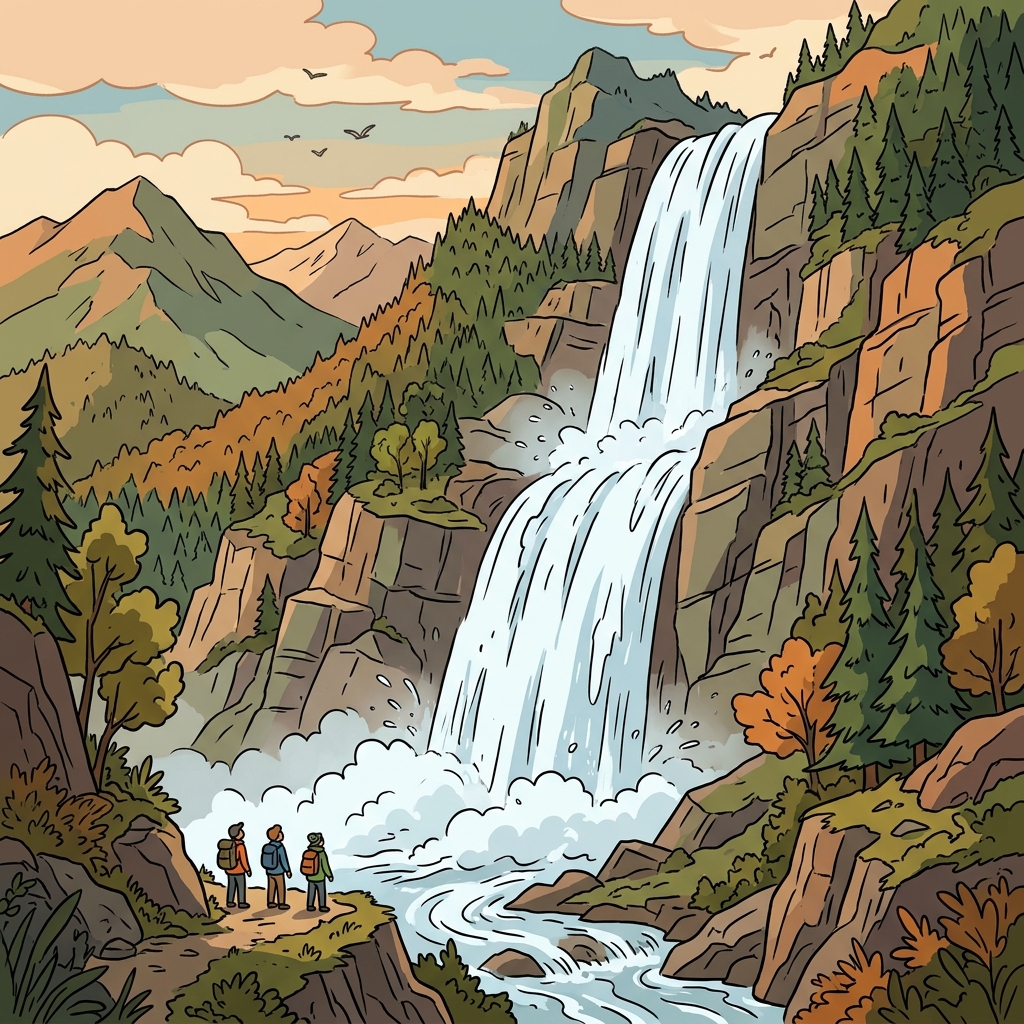 The hikers stood beside an enormous waterfall.