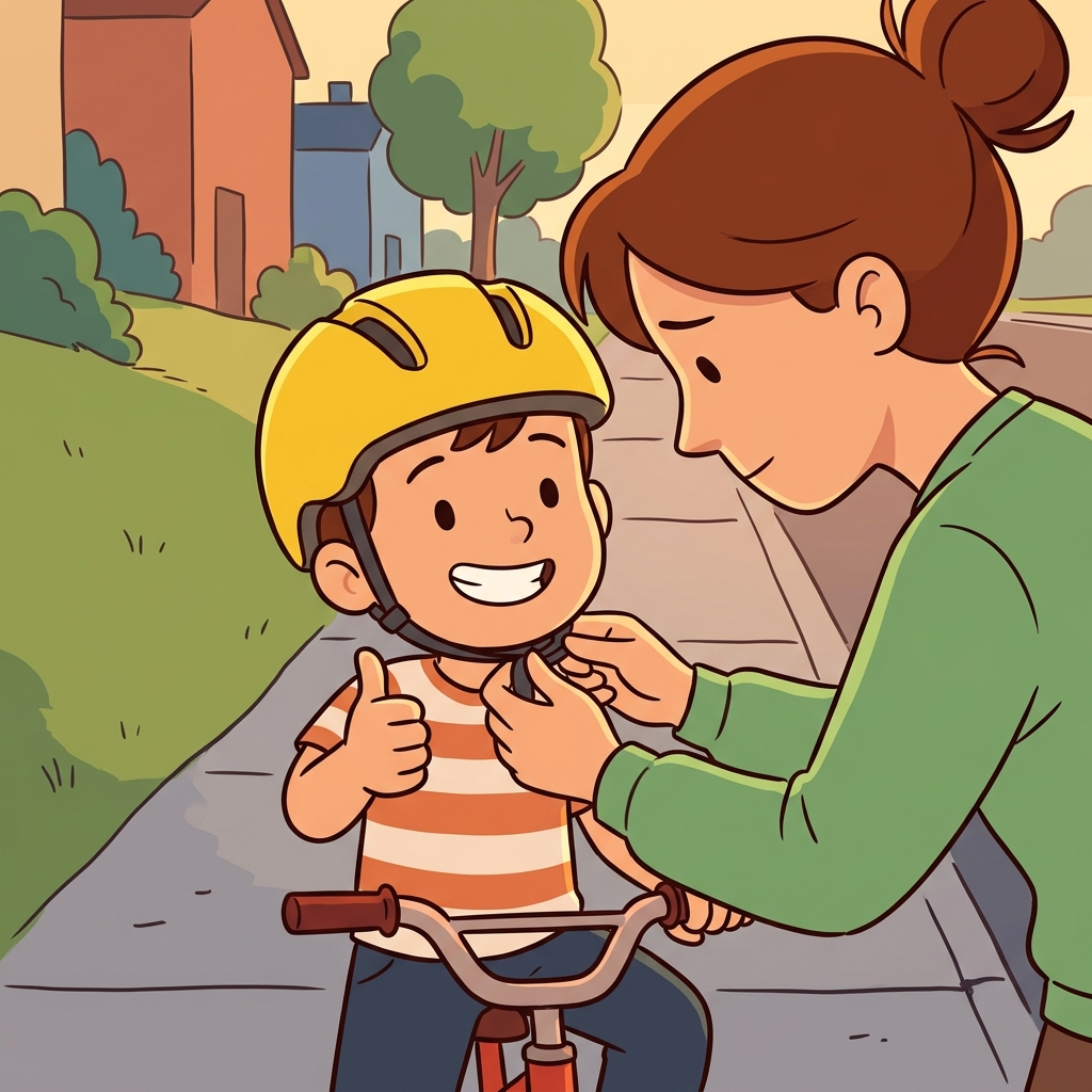 The mother ensured that her child wore a helmet before riding the bicycle.