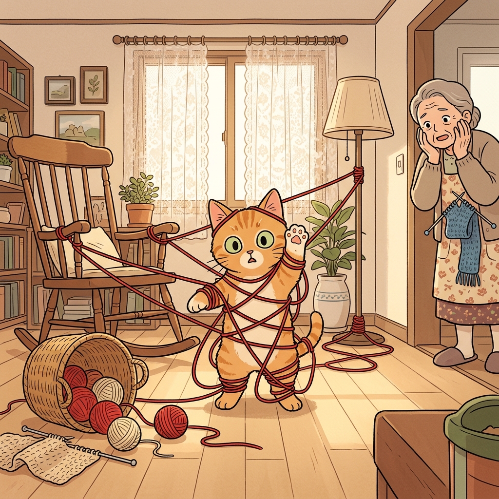 The kitten managed to entangle itself completely in grandma's ball of yarn.