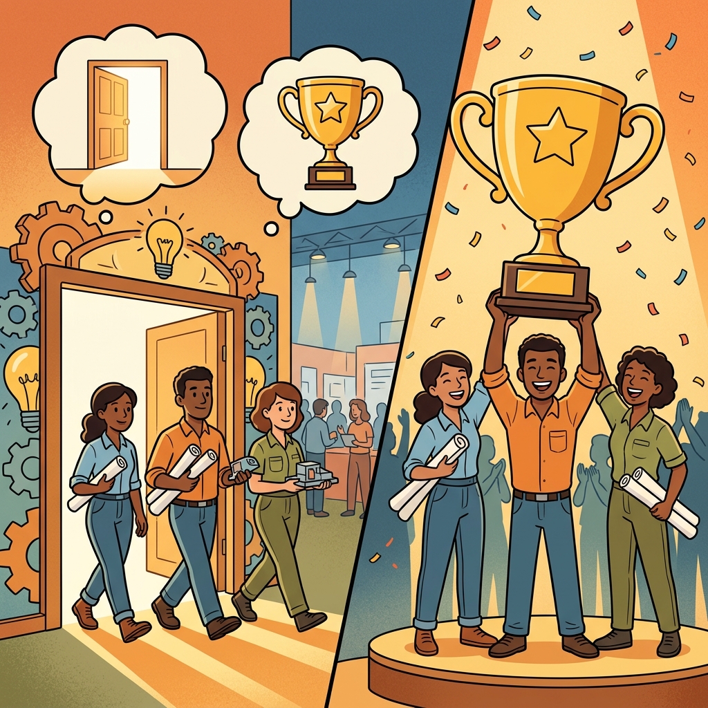 The enterprise entered a difficult challenge and eventually won a huge prize. (ENTER + PRIZE → enter a big challenge and win a big prize)