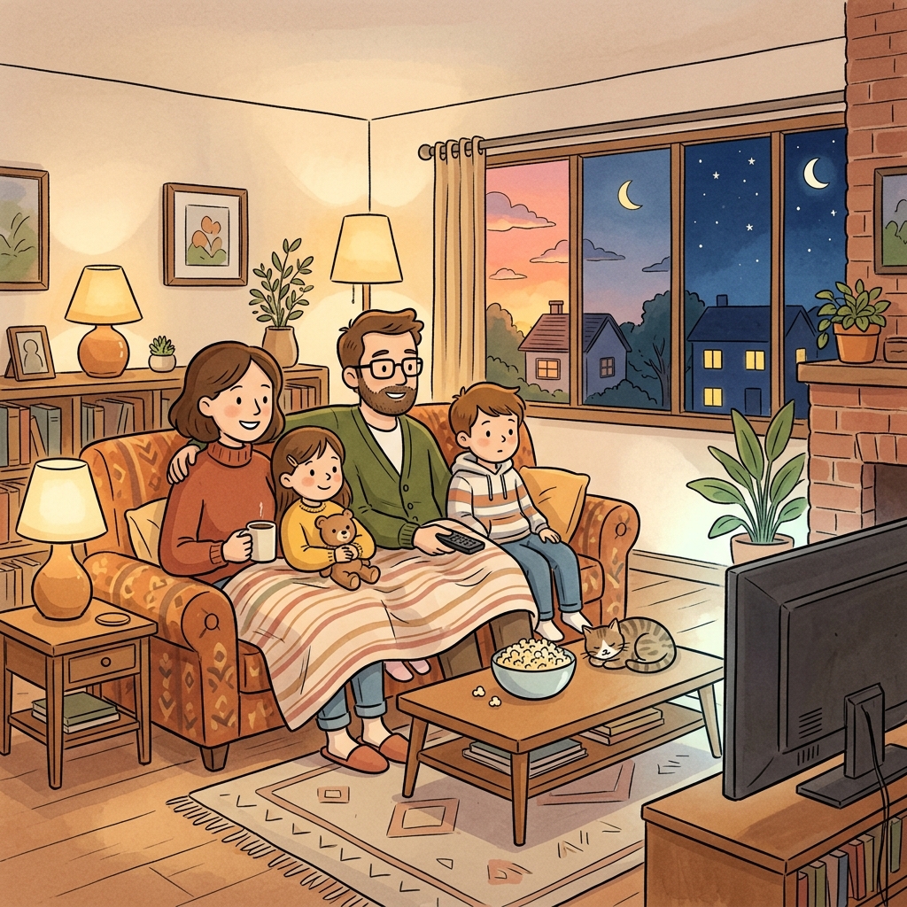 The family watched the entire movie without taking a break.