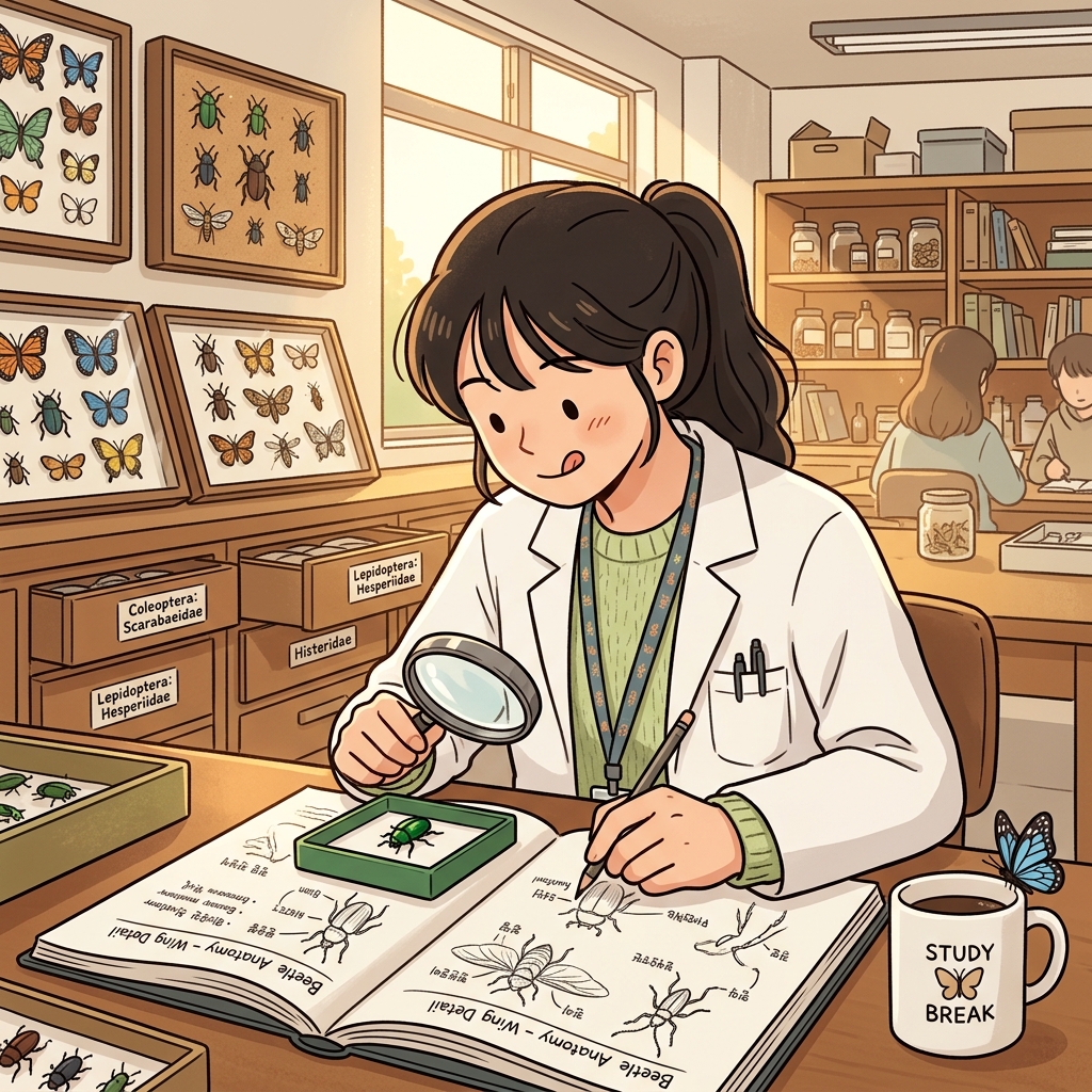 The researcher studies entomology by cataloging beetles in her field notebook.