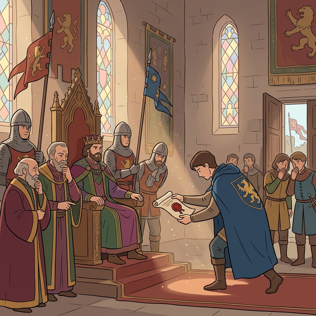 The envoy delivers the king's sealed letter to the rival court with a deep bow.