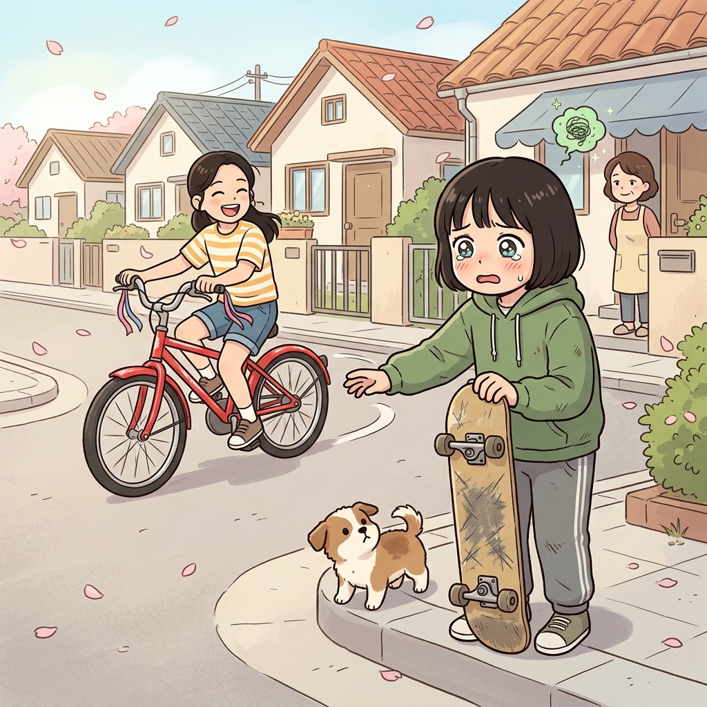 She stares at her friend's shiny new bike with obvious envy.